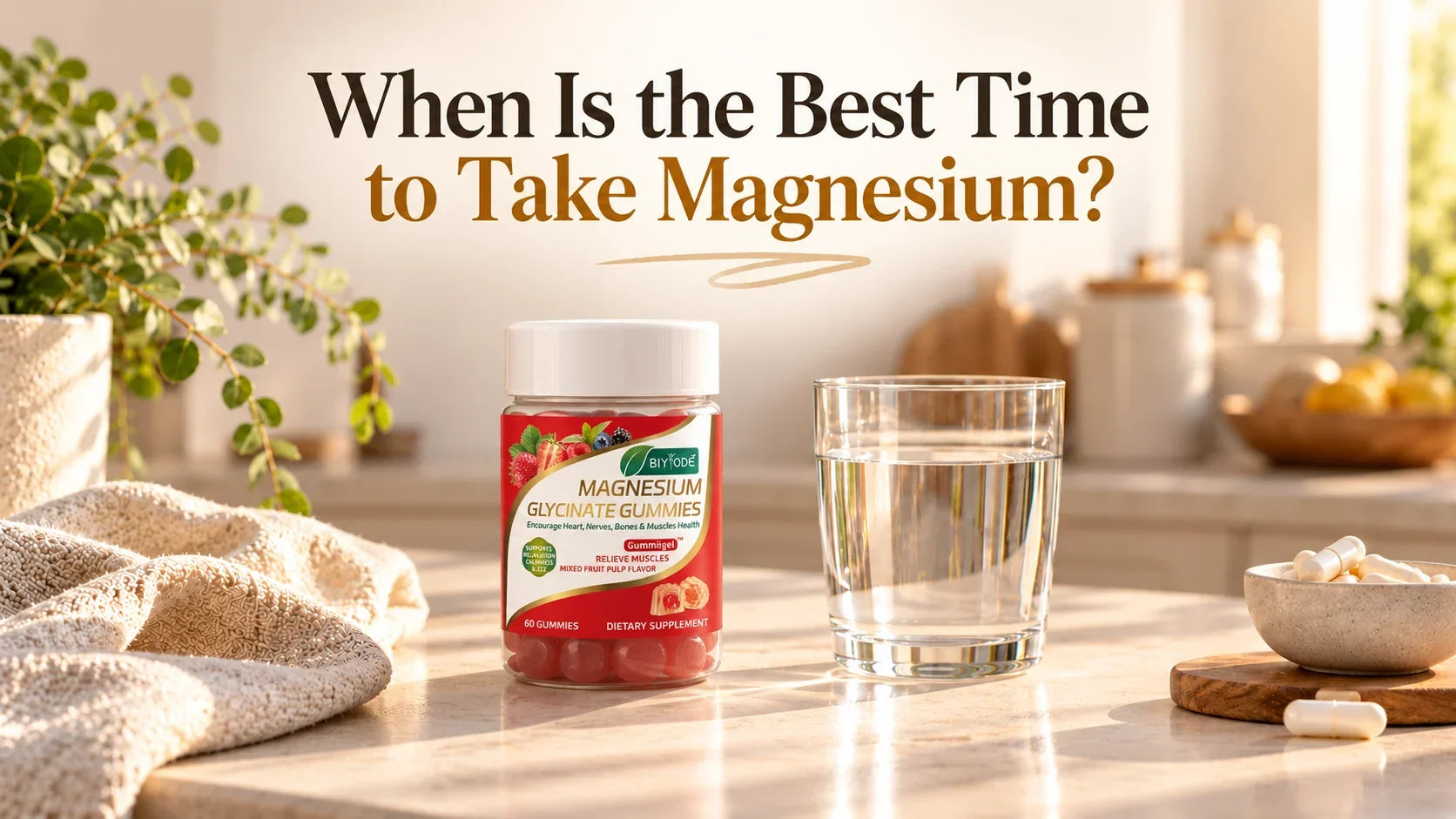 Magnesium supplement bottle and glass of water on a sunlit kitchen counter with the title When Is the Best Time to Take Magnesium?