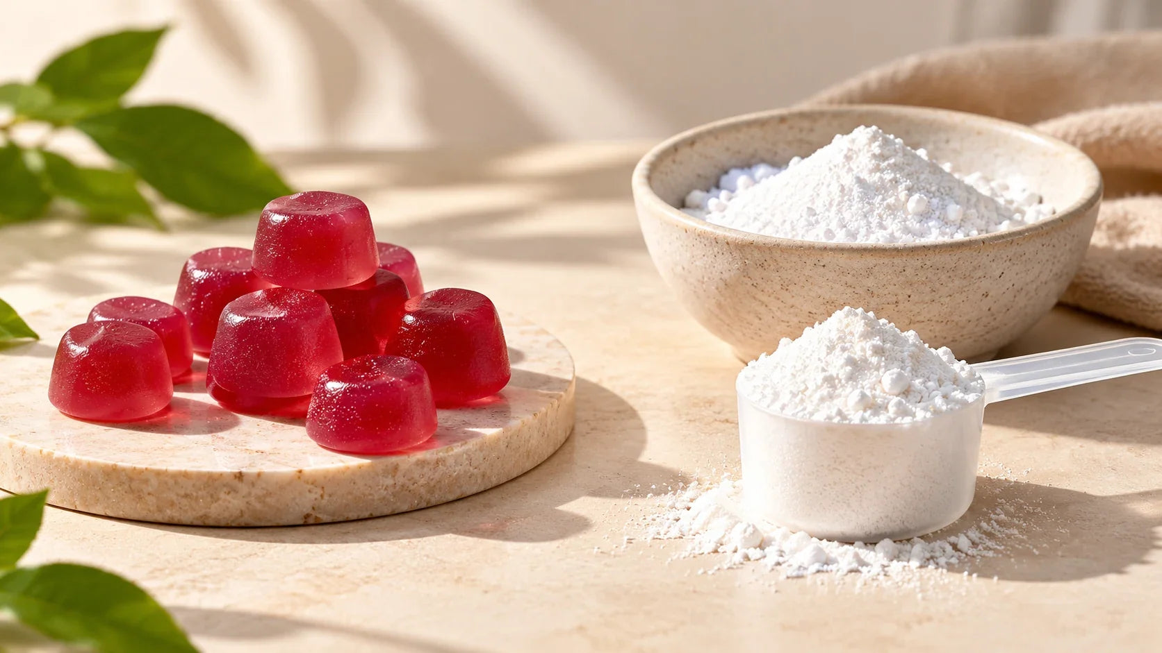 Creatine gummies and creatine monohydrate powder displayed side by side