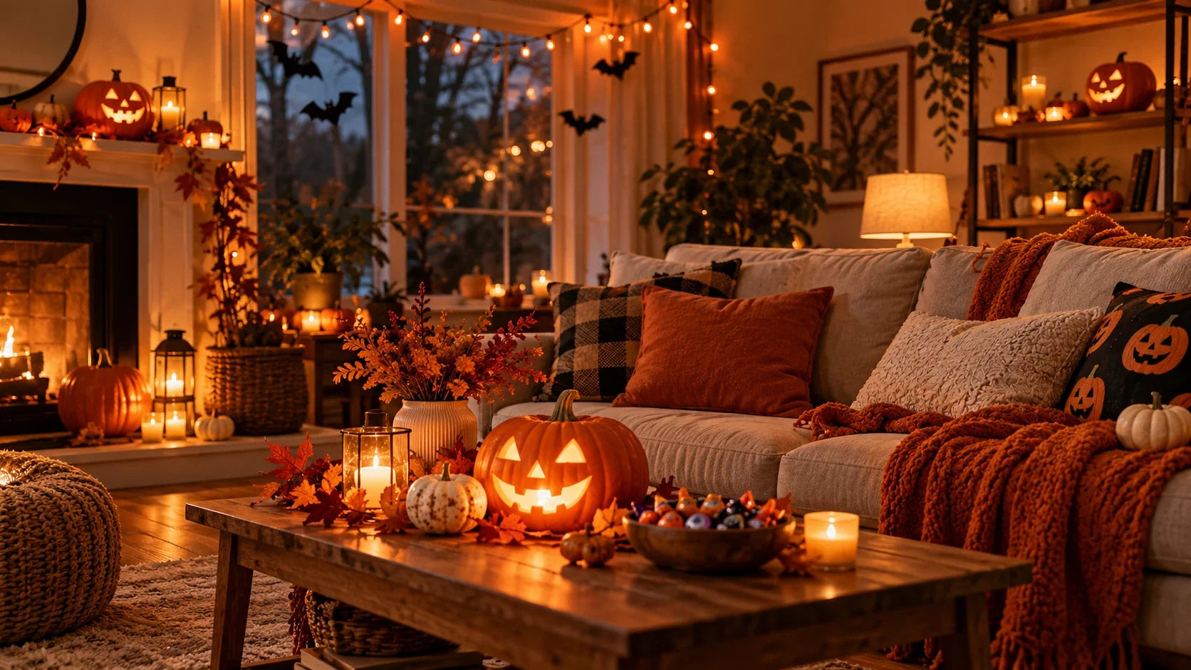 Cozy Halloween night living room with glowing pumpkins, warm lights, and festive decorations