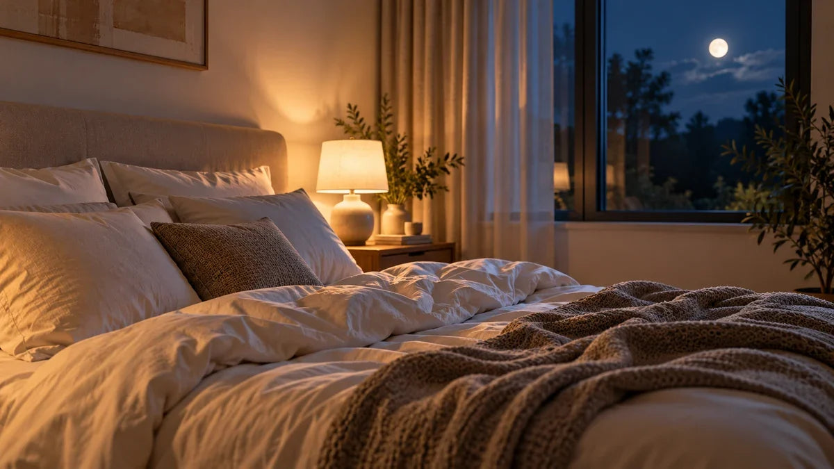 Cozy bedroom at night with warm bedside lighting and soft moonlight