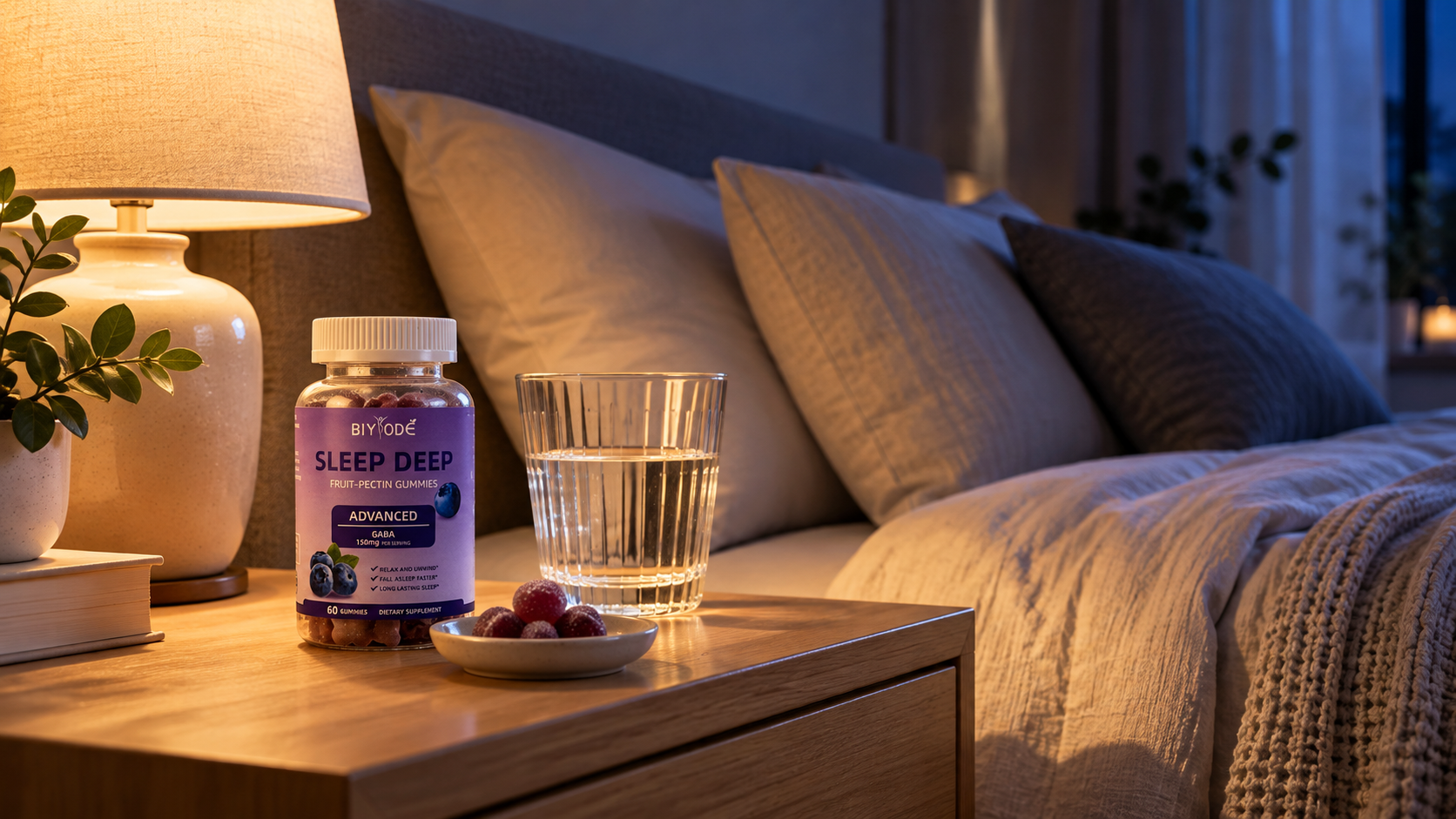 Melatonin gummies for sleep in a peaceful nighttime bedroom setting