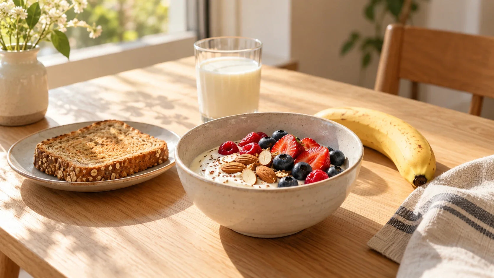 Everyday breakfast foods including yogurt, almonds, banana, and whole-grain toast
