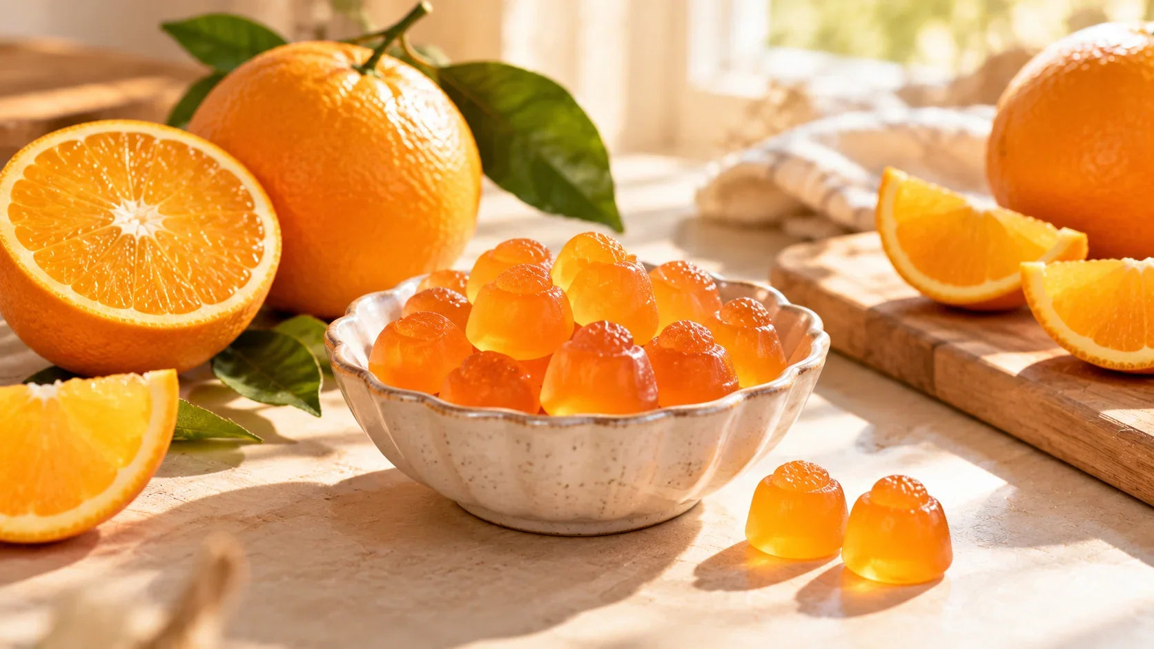 Orange vitamin C gummies in a ceramic dish with fresh orange slices