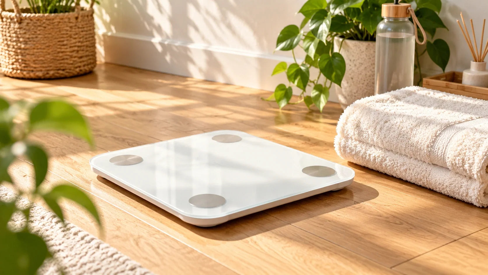 Digital bathroom scale on a wooden floor, representing the difference between weight loss and fat loss.