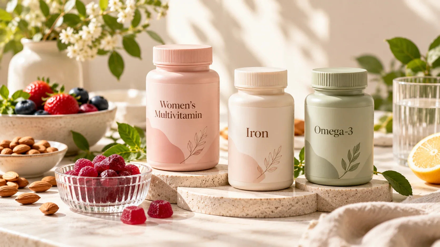 Women's multivitamin, iron, and omega-3 supplement bottles in a premium wellness setting