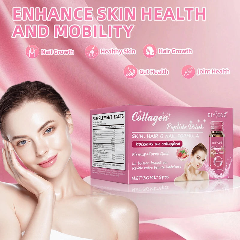 BIYODE Collagen Peptide Beauty Drink – Strawberry Flavor, 8 Vials